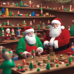 A festive scene inside Santa's Workshop, with Santa Claus and his elves busy making toys