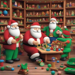 A festive scene inside Santa's Workshop, with Santa Claus and his elves busy making toys