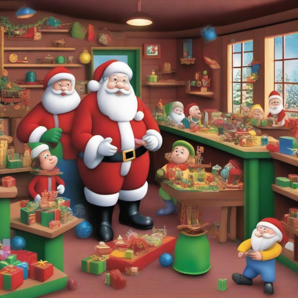 A festive scene inside Santa's Workshop, with Santa Claus and his elves busy making toys