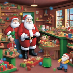 A festive scene inside Santa's Workshop, with Santa Claus and his elves busy making toys