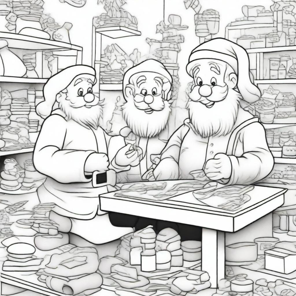 A detailed coloring page of Santa's Workshop