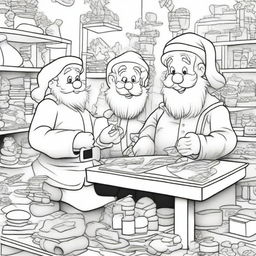 A detailed coloring page of Santa's Workshop