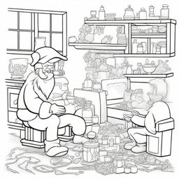 A detailed coloring page of Santa's Workshop