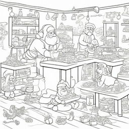 A detailed coloring page of Santa's Workshop