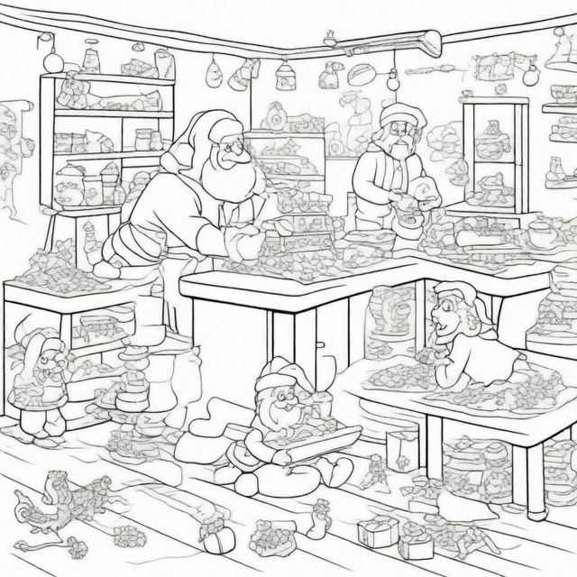 A detailed coloring page of Santa's Workshop