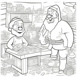 A detailed coloring page of Santa's Workshop