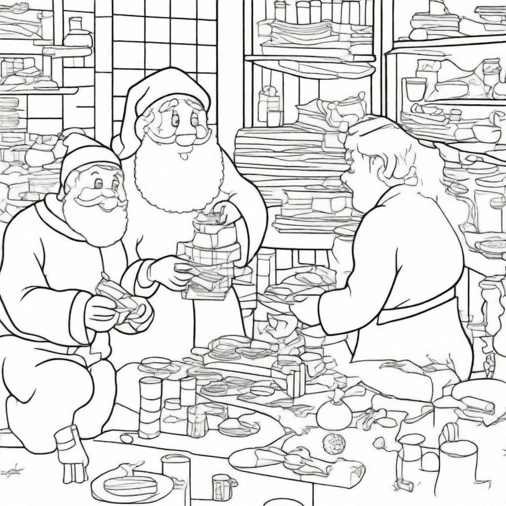 A coloring page of Santa's Workshop: Santa and elves making toys