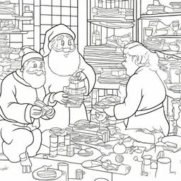 A coloring page of Santa's Workshop: Santa and elves making toys