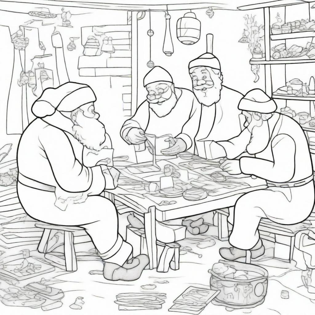 A coloring page of Santa's Workshop: Santa and elves making toys