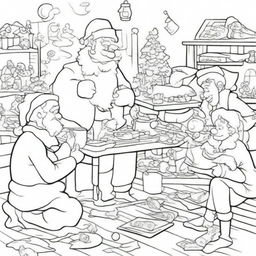 A coloring page of Santa's Workshop: Santa and elves making toys