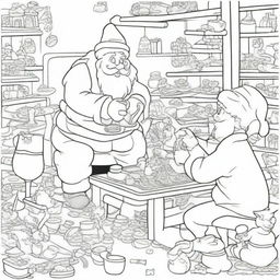 A coloring page of Santa's Workshop: Santa and elves making toys