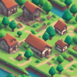 Create a vibrant and detailed piece of pixel art featuring a small, cozy village with charming houses, lush greenery, and animated villagers going about their daily routines