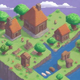 Create a vibrant and detailed piece of pixel art featuring a small, cozy village with charming houses, lush greenery, and animated villagers going about their daily routines