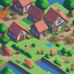 Create a vibrant and detailed piece of pixel art featuring a small, cozy village with charming houses, lush greenery, and animated villagers going about their daily routines