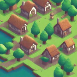 Create a vibrant and detailed piece of pixel art featuring a small, cozy village with charming houses, lush greenery, and animated villagers going about their daily routines