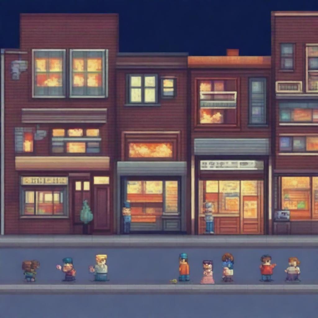 Create a pixel art scene of a street with buildings from the 90s, featuring people sitting and standing behind the buildings