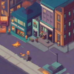 Create a pixel art scene of a street with buildings from the 90s, featuring people sitting and standing behind the buildings