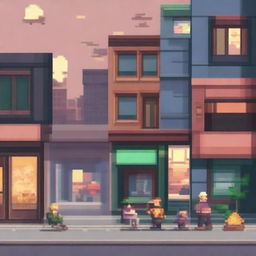 Create a pixel art scene of a street with buildings from the 90s, featuring people sitting and standing behind the buildings