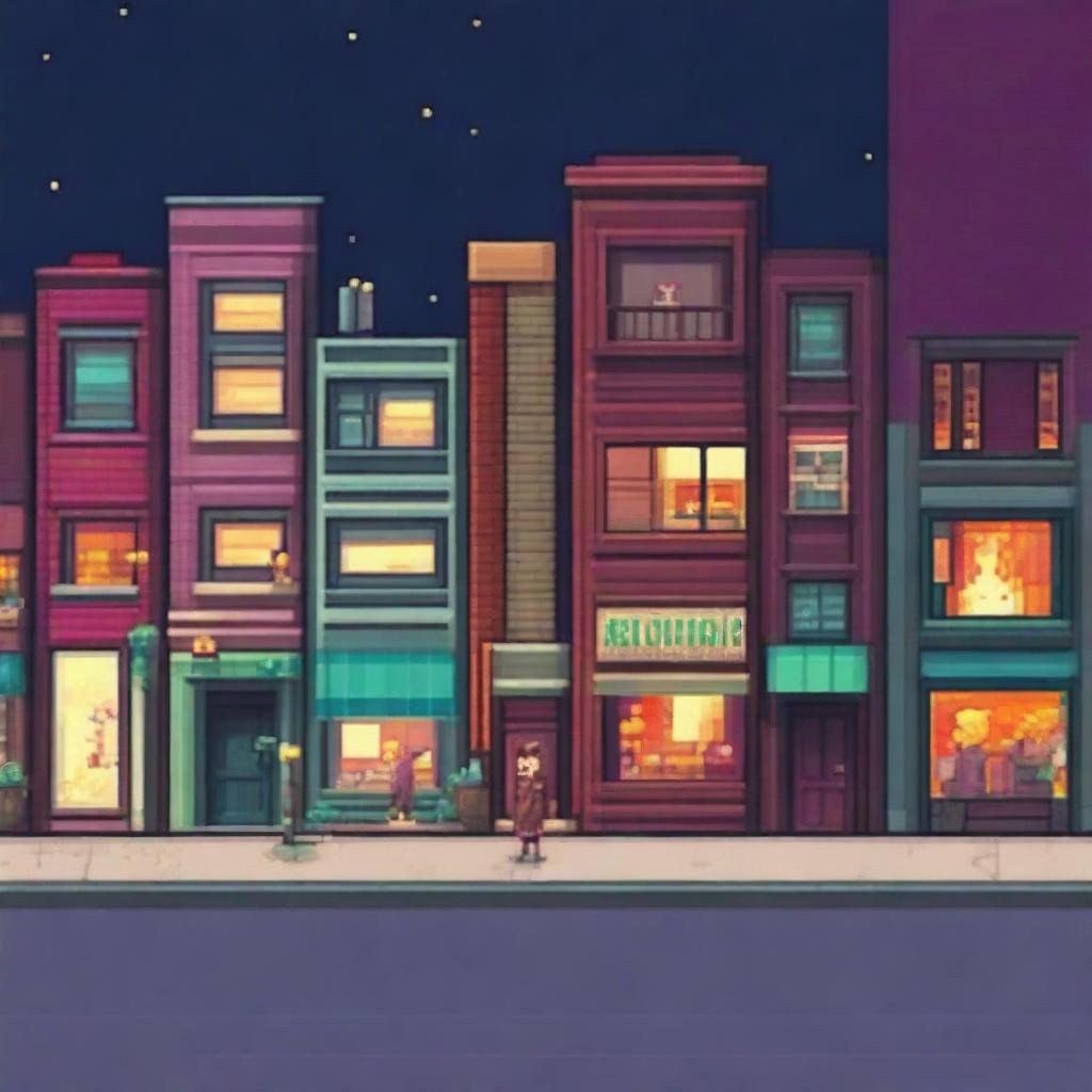 Create a pixel art scene of a street with buildings from the 90s, featuring people sitting and standing behind the buildings