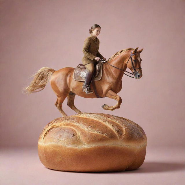 Generate an image of a loaf of bread whimsically riding a horse, with a playful, surreal touch.