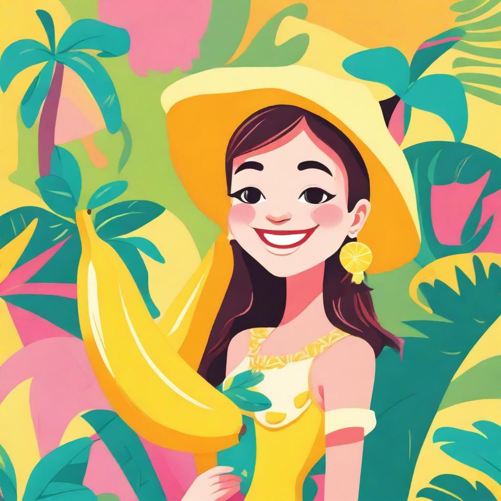 A whimsical and colorful illustration of a girl dressed as a banana