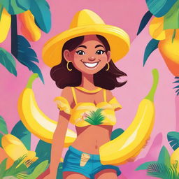 A whimsical and colorful illustration of a girl dressed as a banana