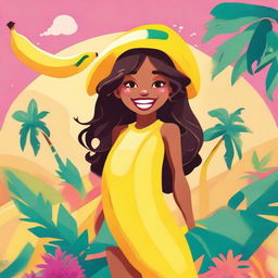 A whimsical and colorful illustration of a girl dressed as a banana