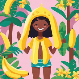 A whimsical and colorful illustration of a girl dressed as a banana