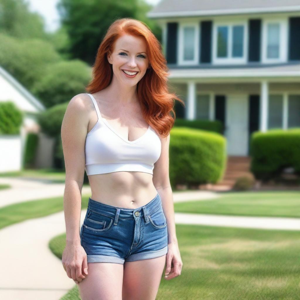 A busty Caucasian redhead mom with a flirtatious side, wearing jean shorts and a low-cut white crop top paired with stilettos