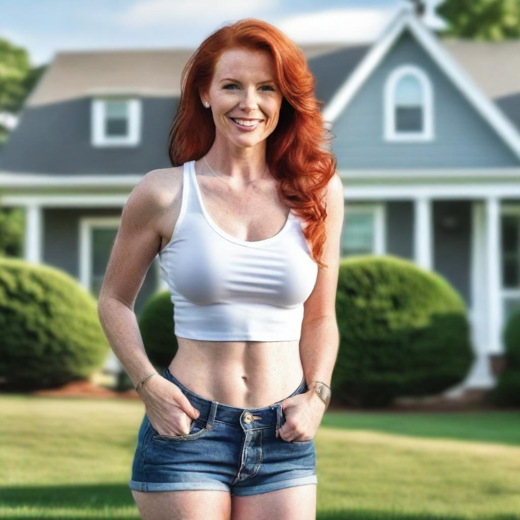 A busty Caucasian redhead mom with a flirtatious side, wearing jean shorts and a low-cut white crop top paired with stilettos