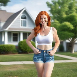 A busty Caucasian redhead mom with a flirtatious side, wearing jean shorts and a low-cut white crop top paired with stilettos