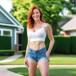 A busty Caucasian redhead mom with a flirtatious side, wearing jean shorts and a low-cut white crop top paired with stilettos