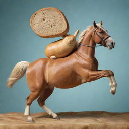 Generate an image of a loaf of bread whimsically riding a horse, with a playful, surreal touch.