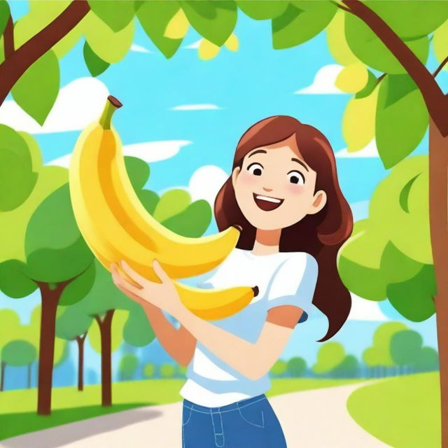 A cheerful girl holding a large banana triumphantly in her hand, with a big smile on her face