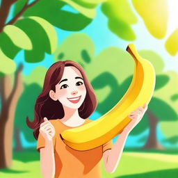 A cheerful girl holding a large banana triumphantly in her hand, with a big smile on her face