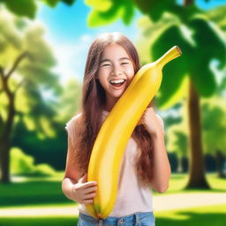 A cheerful girl holding a large banana triumphantly in her hand, with a big smile on her face