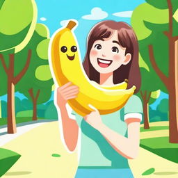 A cheerful girl holding a large banana triumphantly in her hand, with a big smile on her face