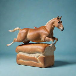 Generate an image of a loaf of bread whimsically riding a horse, with a playful, surreal touch.