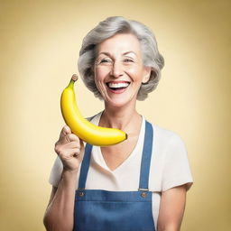 A mature woman holding a banana in a playful and humorous manner