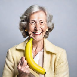 A mature woman holding a banana in a playful and humorous manner