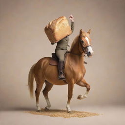 Generate an image of a loaf of bread whimsically riding a horse, with a playful, surreal touch.