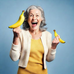 A mature woman holding a banana in a playful and humorous manner