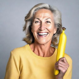 A mature woman holding a banana in a playful and humorous manner