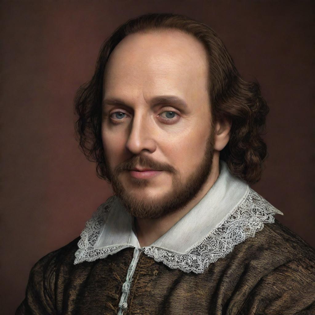 Generate a photorealistic portrait of William Shakespeare, capturing intricate details that resonate with his historical era.