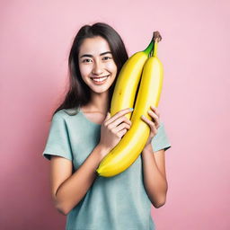 A young woman holding a large banana, smiling and posing in a friendly and cheerful manner