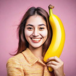 A young woman holding a large banana, smiling and posing in a friendly and cheerful manner