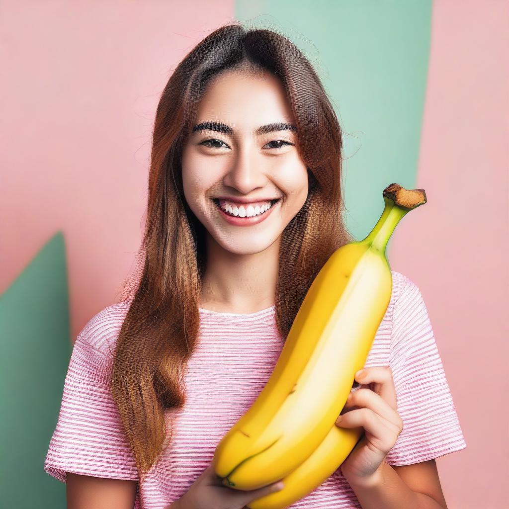 A young woman holding a large banana, smiling and posing in a friendly and cheerful manner