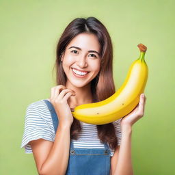 A young woman holding a large banana, smiling and posing in a friendly and cheerful manner