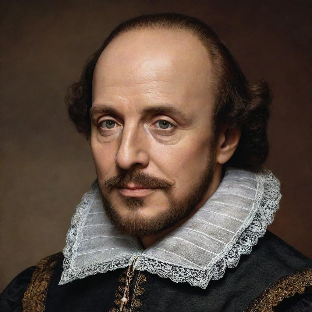 Generate a photorealistic portrait of William Shakespeare, capturing intricate details that resonate with his historical era.