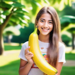 A beautiful girl holding a large banana, with a playful and cheerful expression